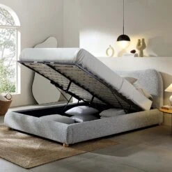 Egerie Curved Headboard Mist Grey Boucle Ottoman Storage Bed -FINZ Furniture Shop JAH 011 GREY BOUCLE scene2