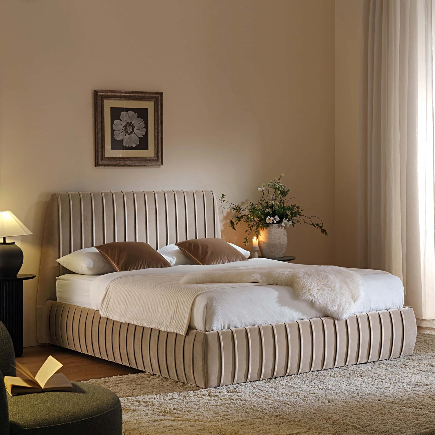 Helia Pleated Ottoman Storage Bed, Taupe Velvet 3 Helia Pleated Ottoman Storage Bed, Taupe Velvet