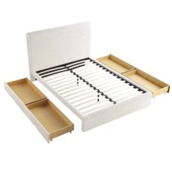 Hampstead Ecru Boucle Curved Bed With 4-Drawer Storage -FINZ Furniture Shop JAH 016 ECRU BOU withdrawer WB3