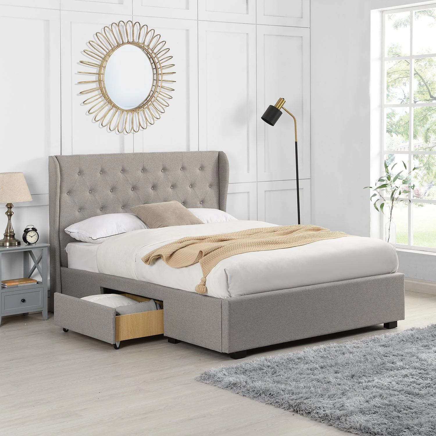 Weston Buttoned Wing Back Upholstered 2-Drawer Storage Bed (Grey Fabric) 4 Weston Buttoned Wing Back Upholstered 2-Drawer Storage Bed (Grey Fabric) - Image 2