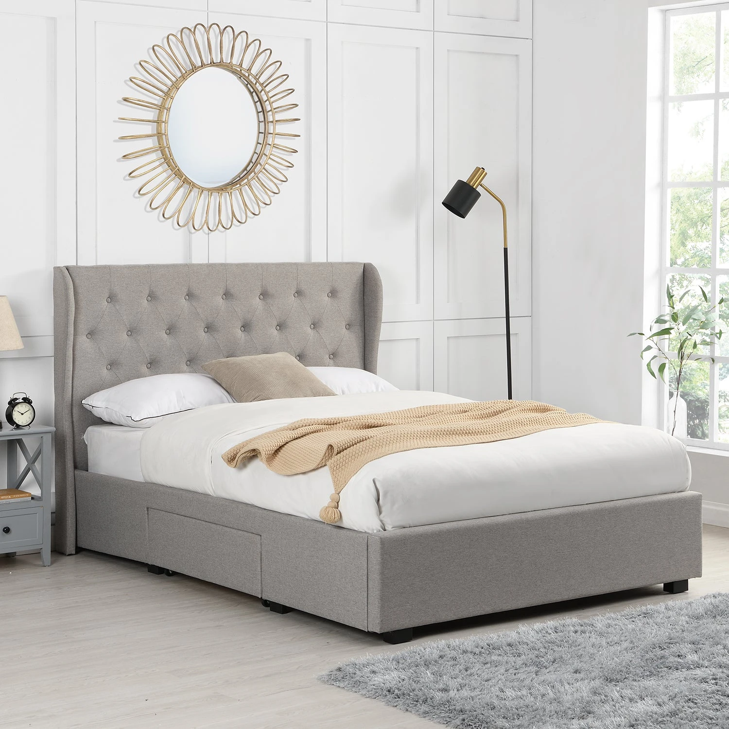Weston Buttoned Wing Back Upholstered 2-Drawer Storage Bed (Grey Fabric) 3 Weston Buttoned Wing Back Upholstered 2-Drawer Storage Bed (Grey Fabric)