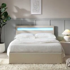 Pimlico End Opening Ottoman Storage Bed Frame With Muti-colour LED Headboard (Beige Fabric) -FINZ Furniture Shop JAH 05 BEIGEFAB scene1