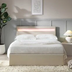 Pimlico End Opening Ottoman Storage Bed Frame With Muti-colour LED Headboard (Beige Fabric) -FINZ Furniture Shop JAH 05 BEIGEFAB scene2