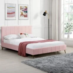 Sylvie Velvet Upholstered Bed Frame With Golden Chrome Legs, Pink Velvet