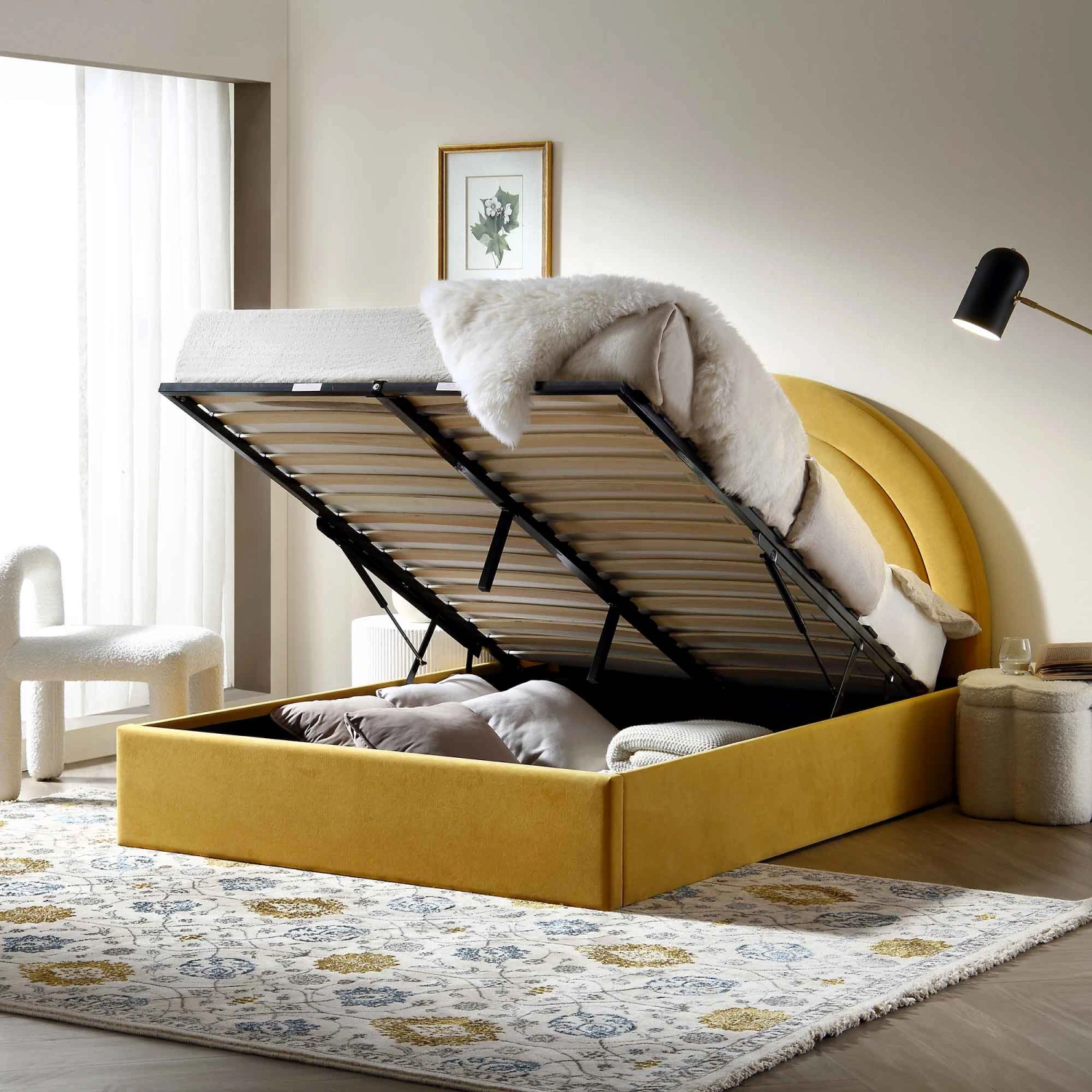 Archer Mustard Yellow Velvet Ottoman Storage Bed 5 Archer Mustard Yellow Velvet Ottoman Storage Bed - Image 3