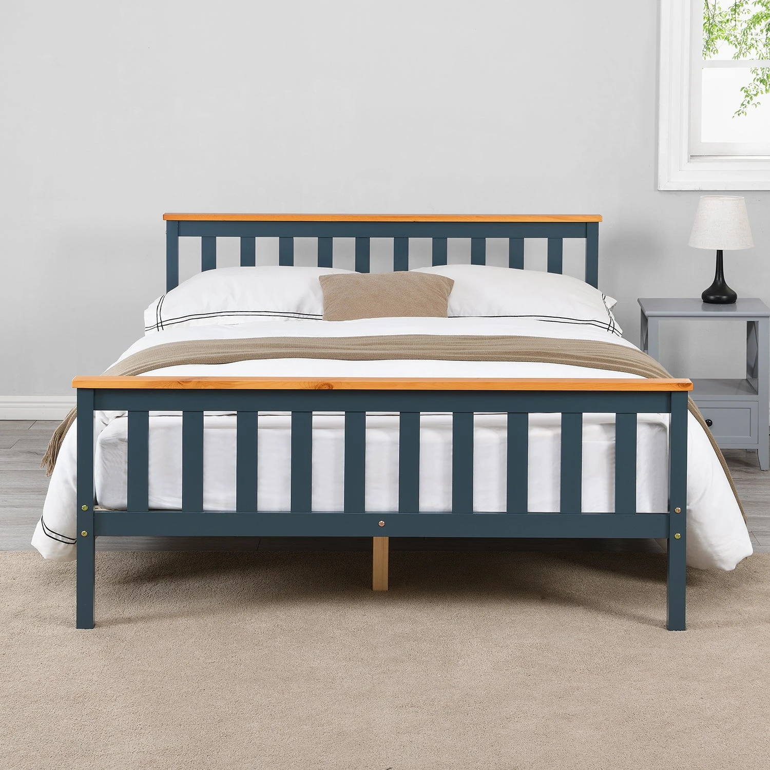 Marta Solid Wooden Shaker Style Double Bed In Blue And Oak 4 Marta Solid Wooden Shaker Style Double Bed In Blue And Oak - Image 2