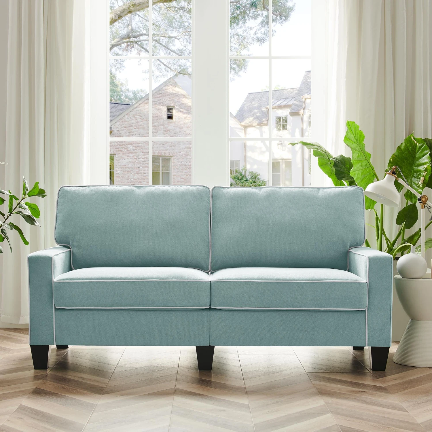 Sherbrook Large 2-Seater Mint Brushed Fabric Sofa With Contrasting Piping 3 Sherbrook Large 2-Seater Mint Brushed Fabric Sofa With Contrasting Piping