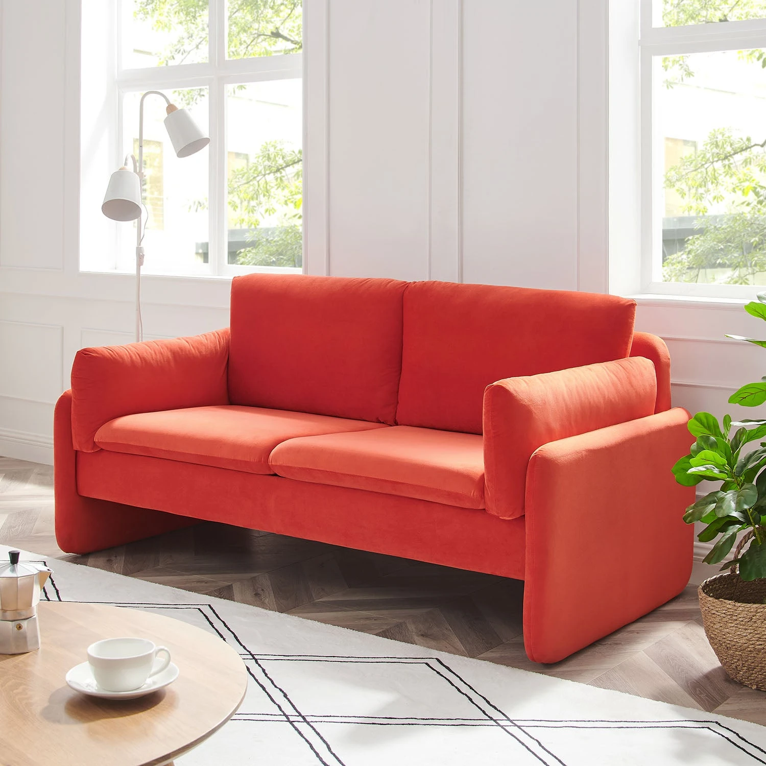 Clapham 2-Seater Flaming Orange Velvet Fabric Sofa 4 Clapham 2-Seater Flaming Orange Velvet Fabric Sofa - Image 2
