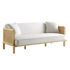 Pienza Cane Sofa Bed, Beige Woven Fabric With Natural Frame -FINZ Furniture Shop LWSF 760 BEIGEFAB NAT WB2