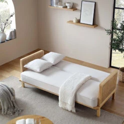 Pienza Cane Sofa Bed, Beige Woven Fabric With Natural Frame -FINZ Furniture Shop LWSF 760 BEIGEFAB NAT scene2