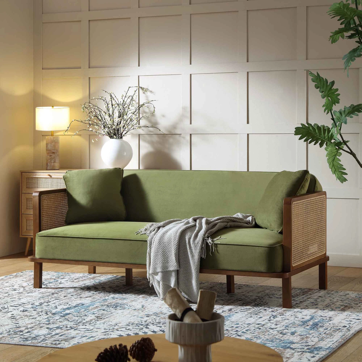 Pienza Cane Sofa Bed, Moss Green Velvet With Walnut Frame 3 Pienza Cane Sofa Bed, Moss Green Velvet With Walnut Frame