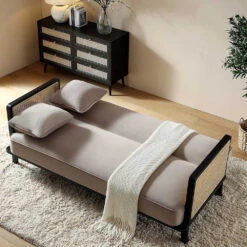 Pienza Cane Sofa Bed, Taupe Velvet With Black Frame -FINZ Furniture Shop LWSF 760 TAUPEVEL BLACK scene2