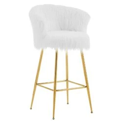 Kylie Set Of 2 White Plush Shaggy Faux Fur Bar Stools -FINZ Furniture Shop MB222WHITEPLUSH P WB2