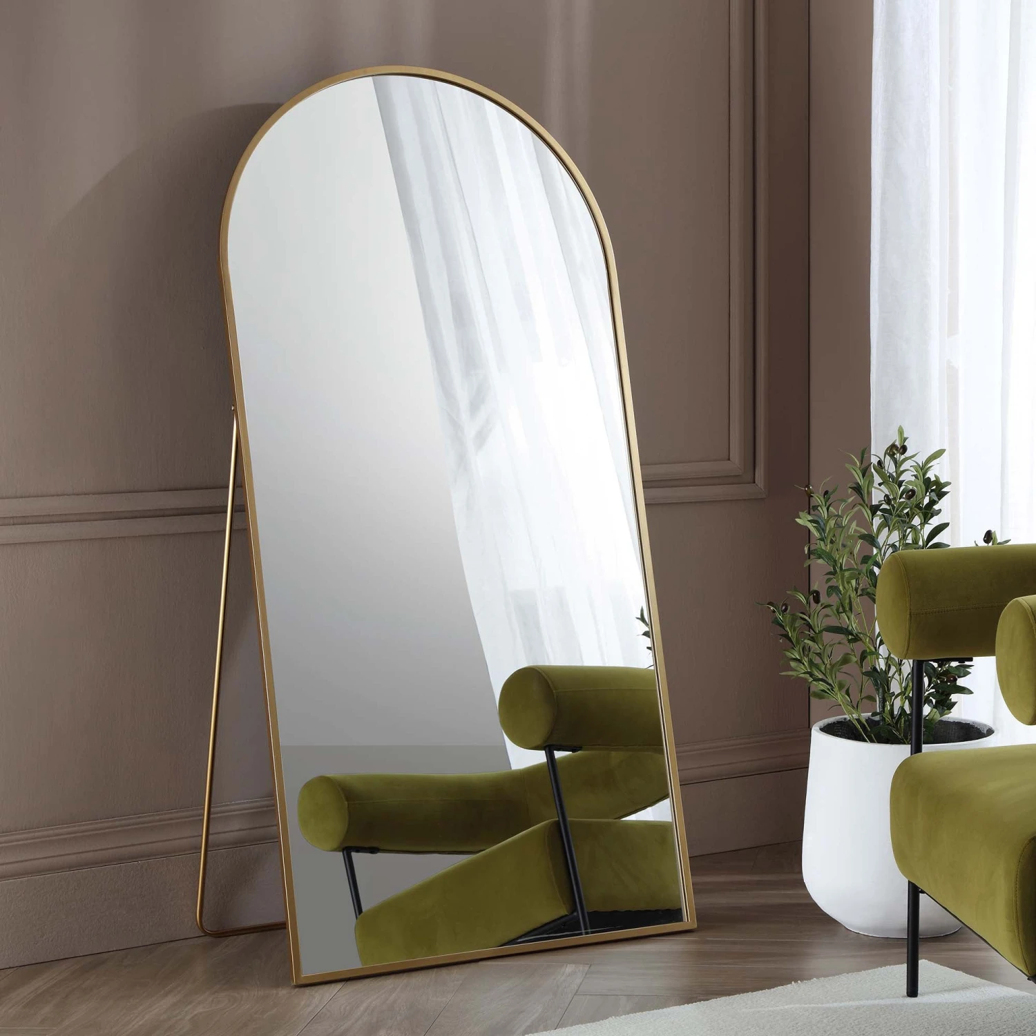 Dina Freestanding Arched Full Length Metal Frame Mirror 160 X 76 Cm, Gold Effect 3 Dina Freestanding Arched Full Length Metal Frame Mirror 160 X 76 Cm, Gold Effect