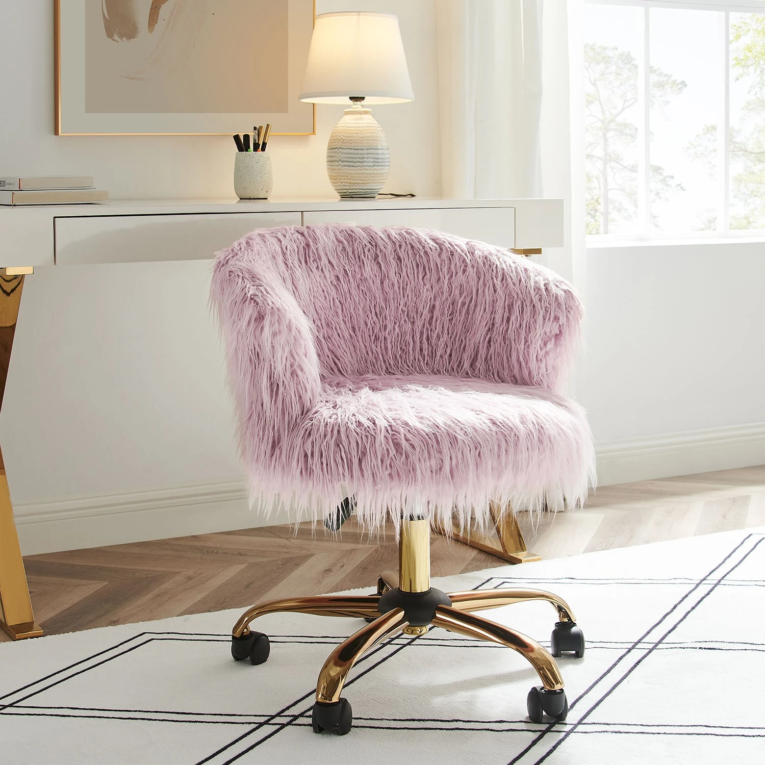 Kylie Plush Shaggy Faux Fur Swivel Chair, Pink 3 Kylie Plush Shaggy Faux Fur Swivel Chair, Pink