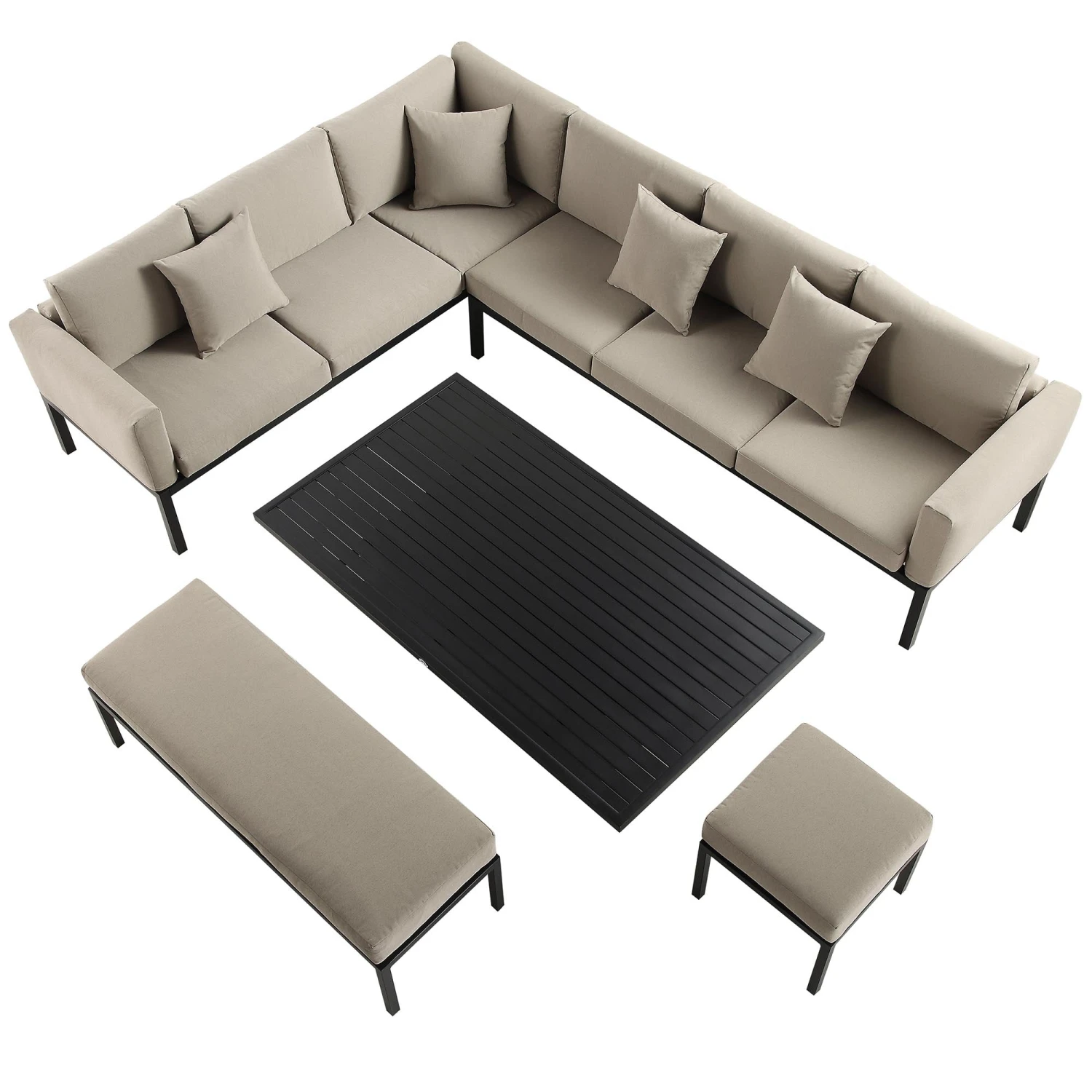 Calabasas Large Outdoor Fabric And Aluminium Corner Casual Dining Set With Rising Table, Taupe 7 Calabasas Large Outdoor Fabric And Aluminium Corner Casual Dining Set With Rising Table, Taupe - Image 5