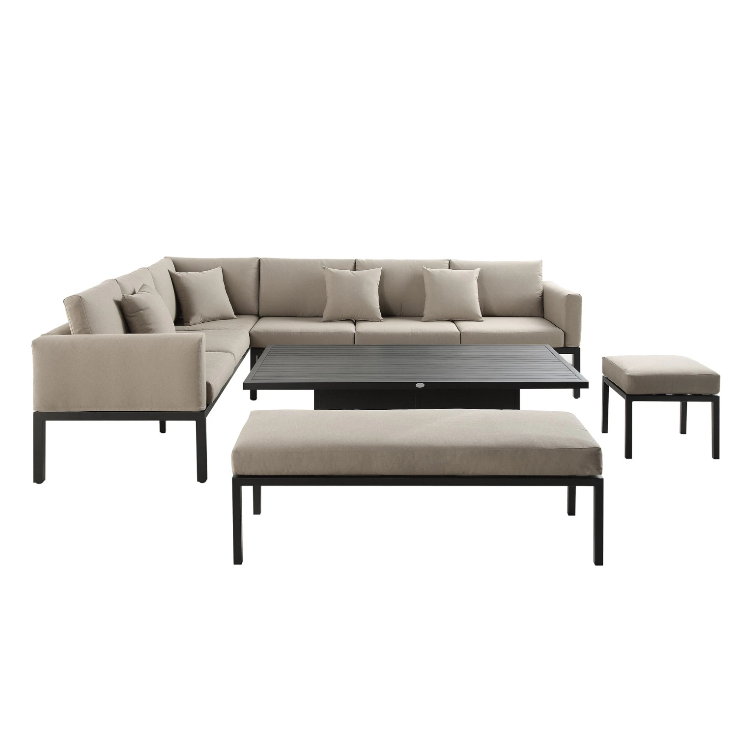 Calabasas Large Outdoor Fabric And Aluminium Corner Casual Dining Set With Rising Table, Taupe 8 Calabasas Large Outdoor Fabric And Aluminium Corner Casual Dining Set With Rising Table, Taupe - Image 6