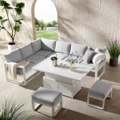 Albany Aluminium Large Corner Casual Dining Set With Rising Table, White -FINZ Furniture Shop OD DINE 1045 WHITE scene1