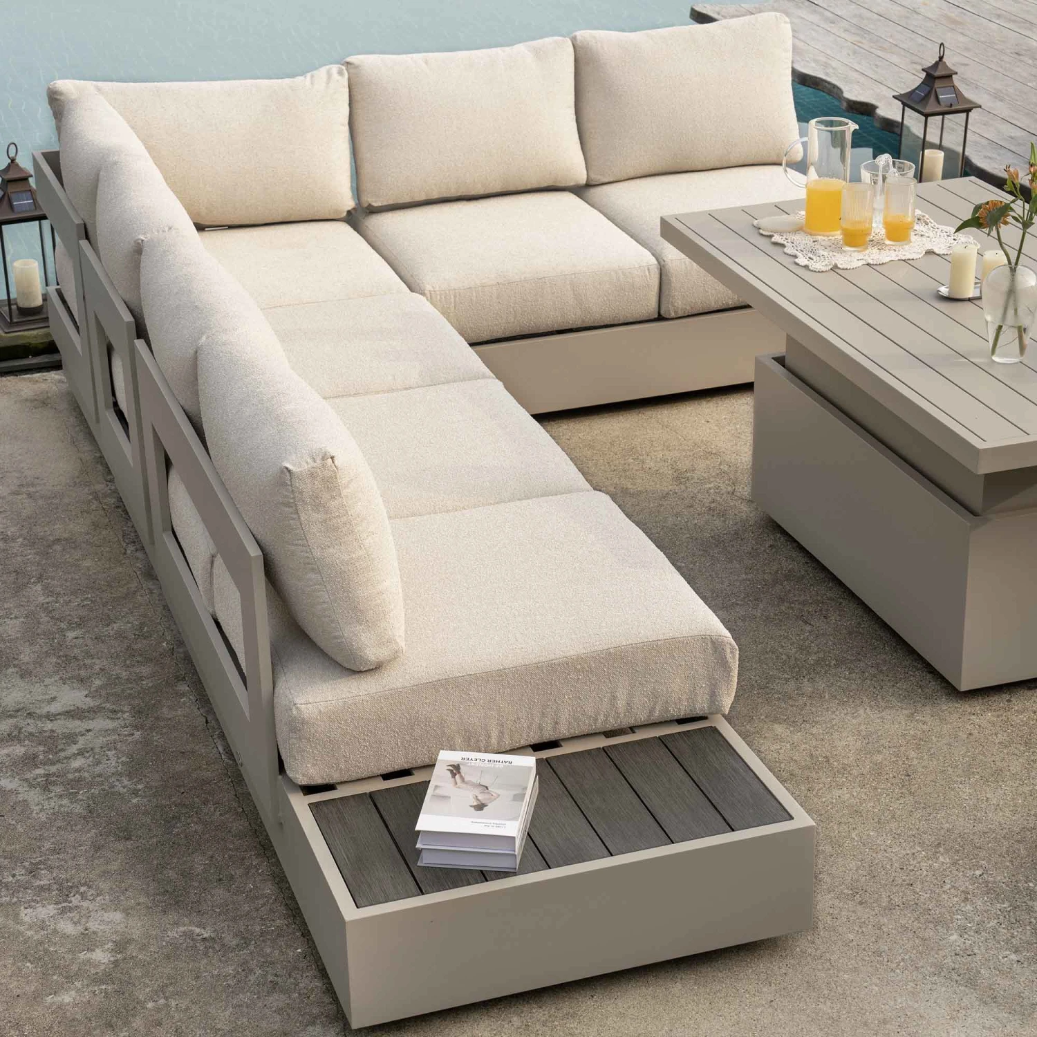 Jardin Aluminium Large Corner Casual Dining Set With Rising Table, Pumice 4 Jardin Aluminium Large Corner Casual Dining Set With Rising Table, Pumice - Image 2