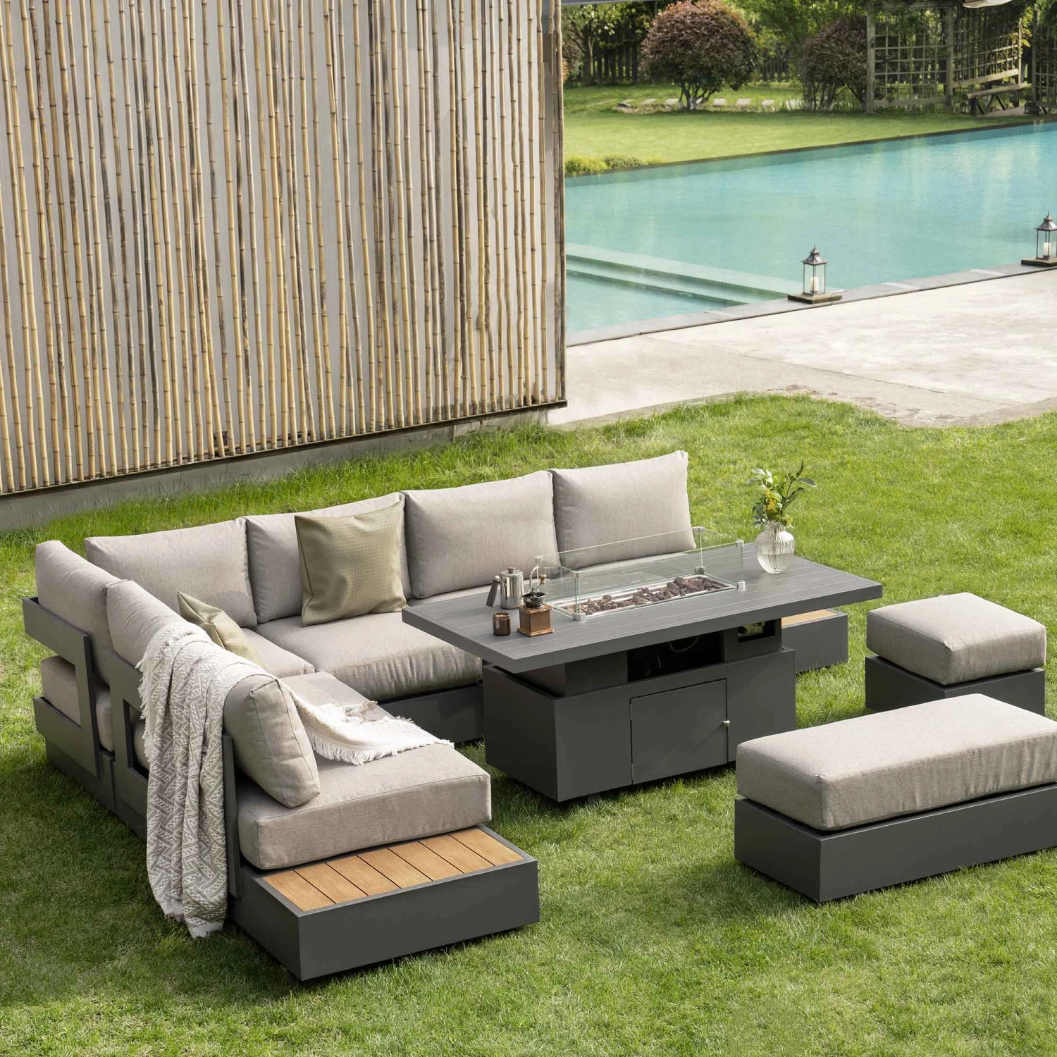 Jardin Aluminium Large Corner Casual Dining Set With Rising Firepit Table, Granite 4 Jardin Aluminium Large Corner Casual Dining Set With Rising Firepit Table, Granite - Image 2