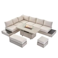 Jardin Aluminium Large Corner Casual Dining Set With Rising Firepit Table, Pumice 20 Jardin Aluminium Large Corner Casual Dining Set With Rising Firepit Table, Pumice -FINZ Furniture Shop OD DINE 906 PUMICE SET WB1