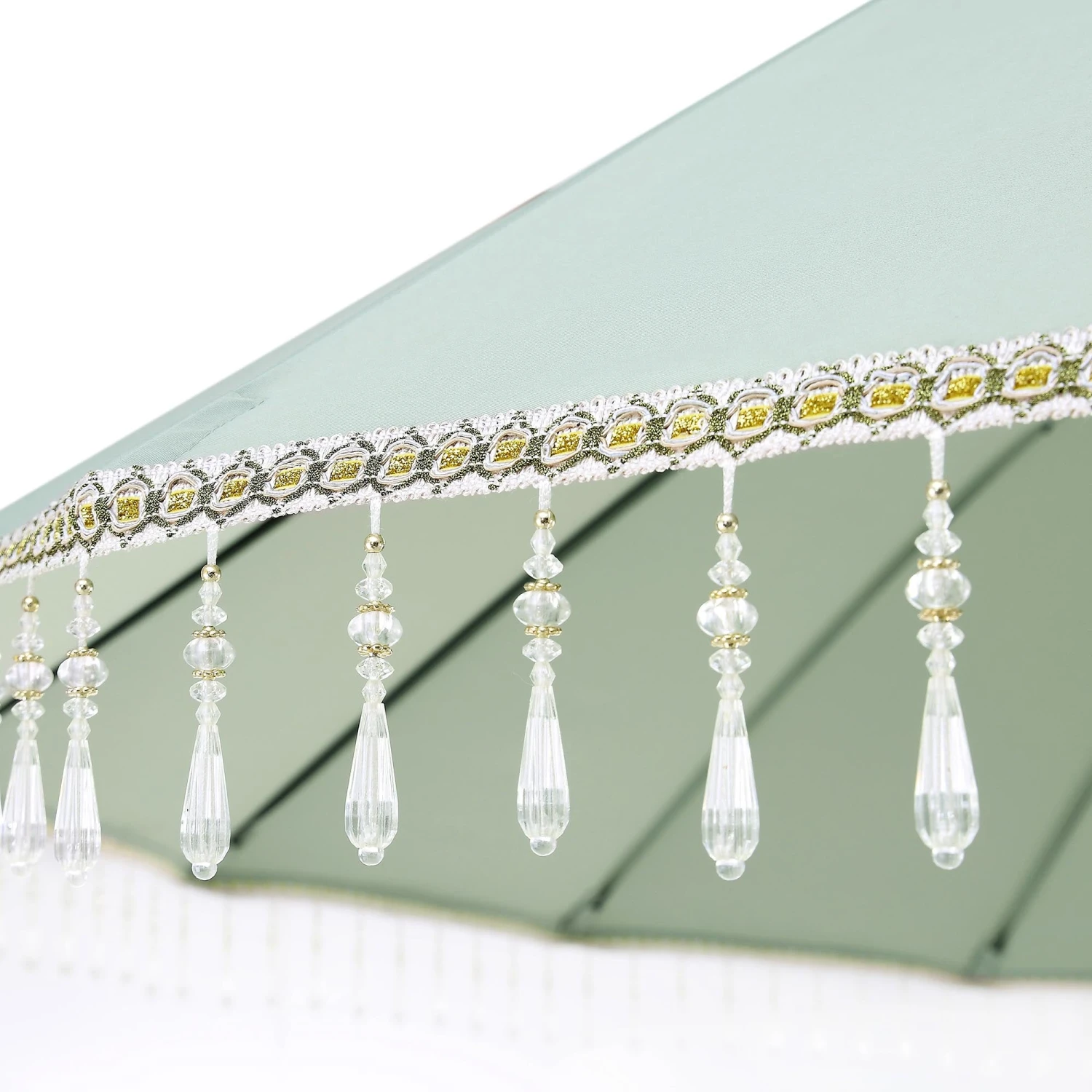 Hacienda 2.4M Sage Green Beaded Carousel Garden Parasol With Fringe Tassels And Aluminium Tilt 8 Hacienda 2.4M Sage Green Beaded Carousel Garden Parasol With Fringe Tassels And Aluminium Tilt - Image 6
