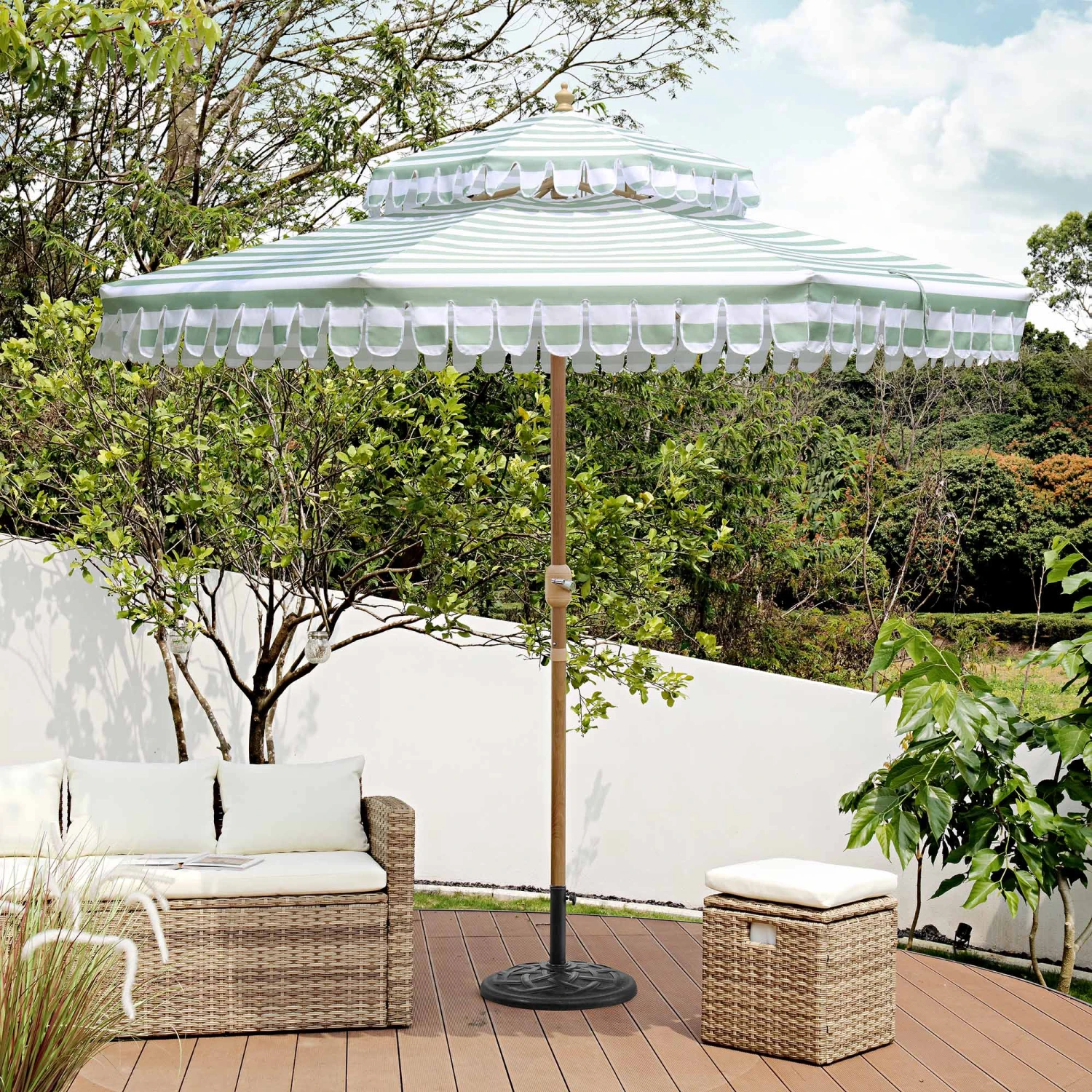 Fabienne Sage Green And White Striped 3M Double Top Crank And Tilt Parasol 3 Fabienne Sage Green And White Striped 3M Double Top Crank And Tilt Parasol