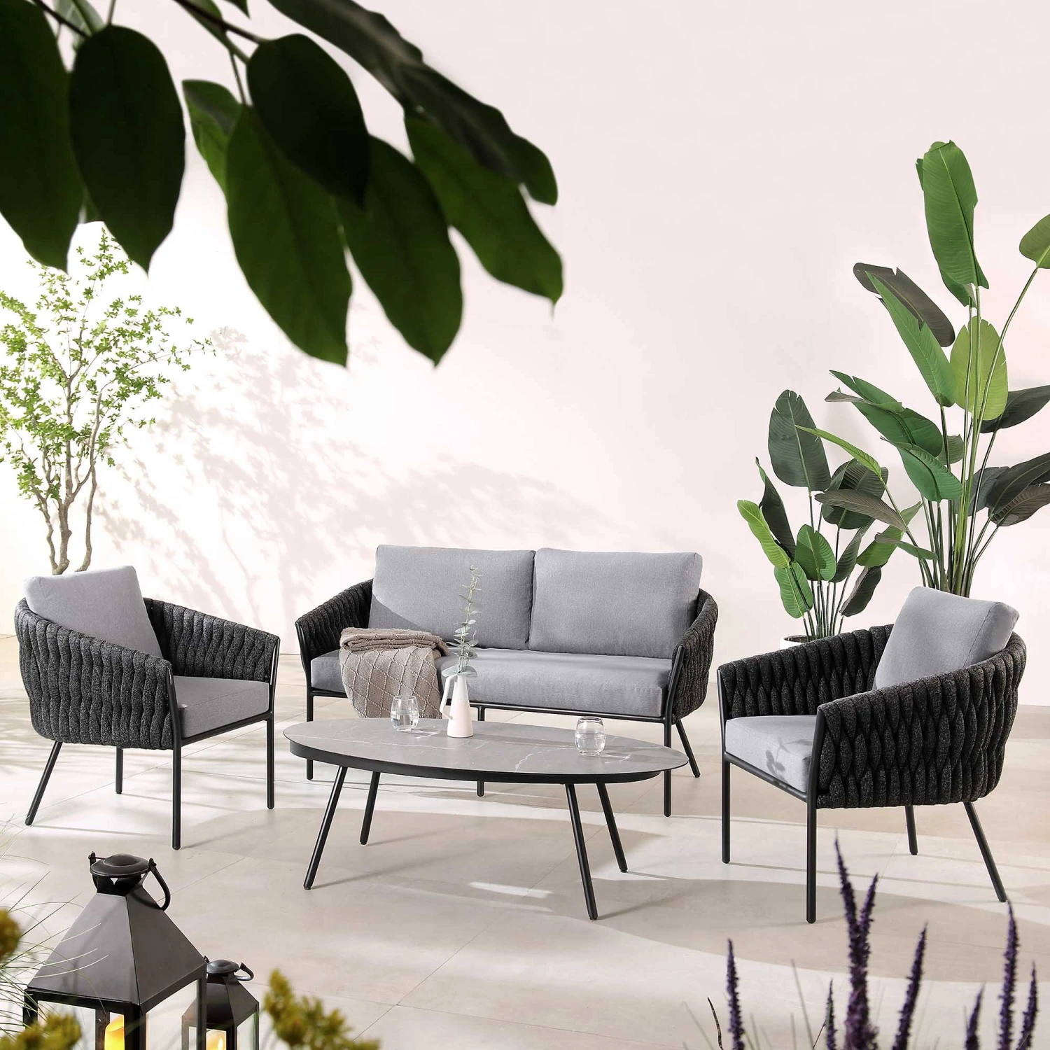 Montebello 4-Seater Outdoor Black Rope And Aluminium Sofa Set With Grey Ceramic Coffee Table 3 Montebello 4-Seater Outdoor Black Rope And Aluminium Sofa Set With Grey Ceramic Coffee Table