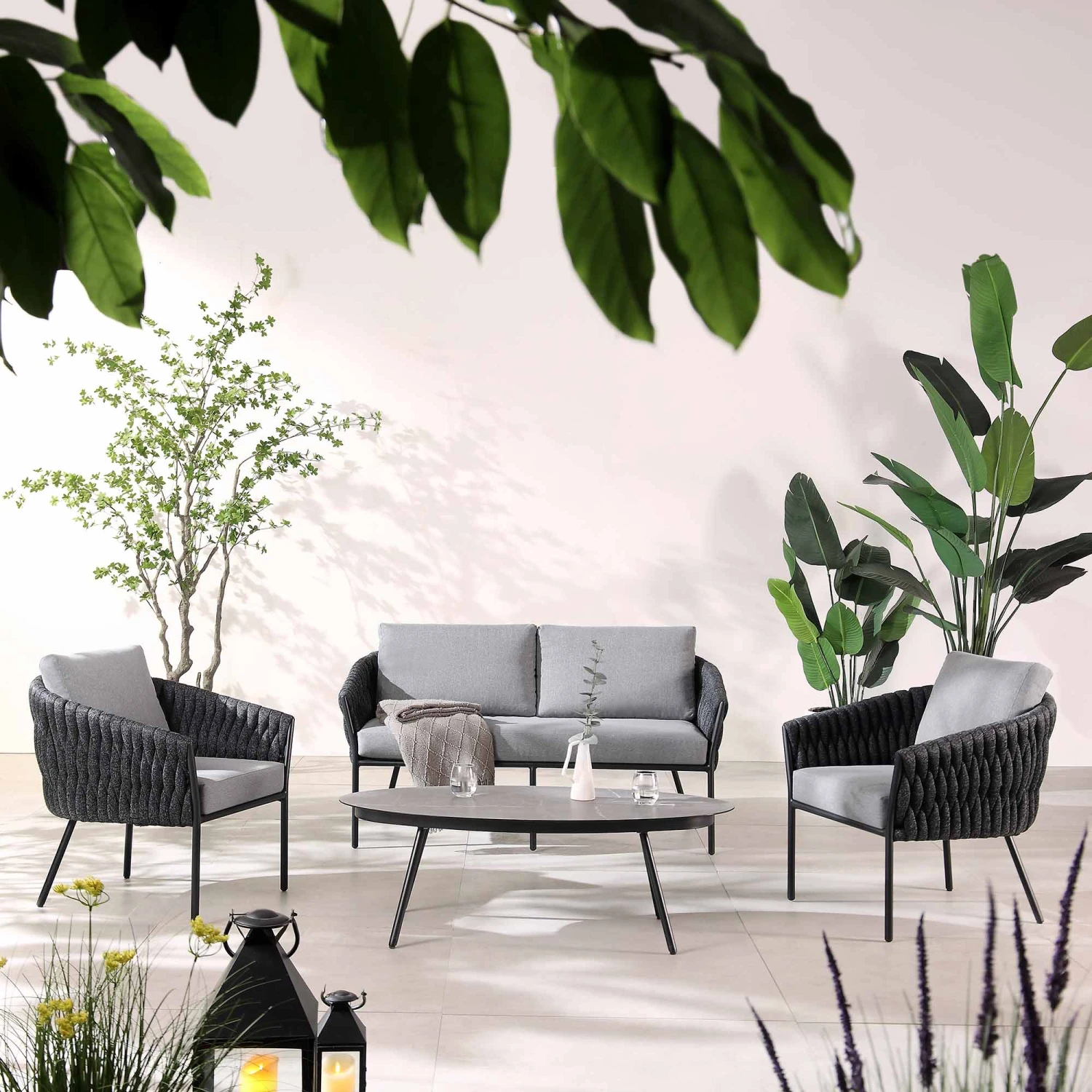 Montebello 4-Seater Outdoor Black Rope And Aluminium Sofa Set With Grey Ceramic Coffee Table 4 Montebello 4-Seater Outdoor Black Rope And Aluminium Sofa Set With Grey Ceramic Coffee Table - Image 2