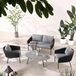 Montebello 4-Seater Outdoor Black Rope And Aluminium Sofa Set With Grey Ceramic Coffee Table 17 Montebello 4-Seater Outdoor Black Rope And Aluminium Sofa Set With Grey Ceramic Coffee Table -FINZ Furniture Shop OD SF 1029 BLACK scene2