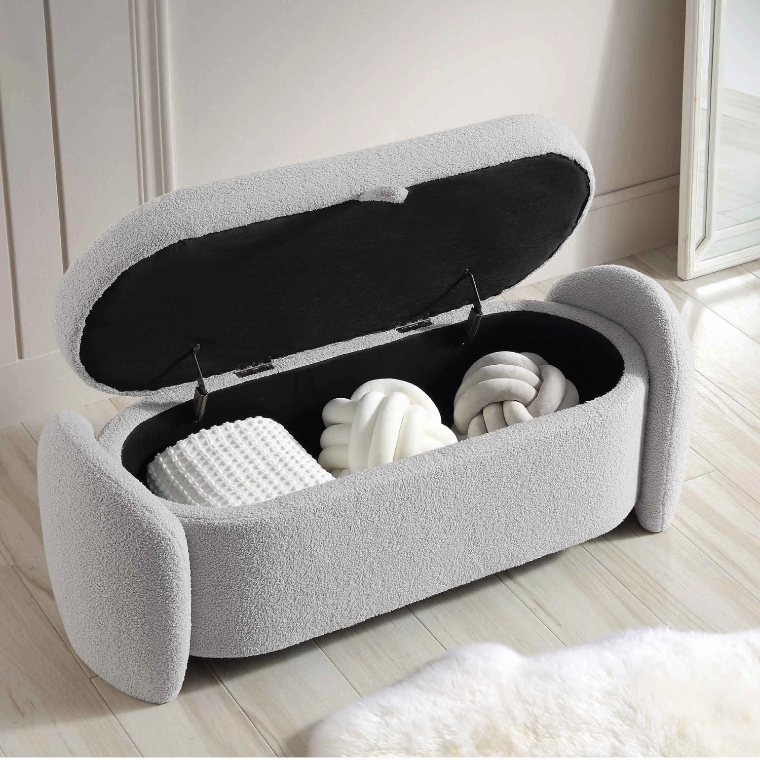 Loha Grey Teddy Boucle 129cm Large Storage Ottoman Bench 4 Loha Grey Teddy Boucle 129cm Large Storage Ottoman Bench - Image 2