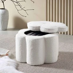 Pollie White Teddy Boucle Storage Stool -FINZ Furniture Shop POUF 291 WHITE TEDDY scene1