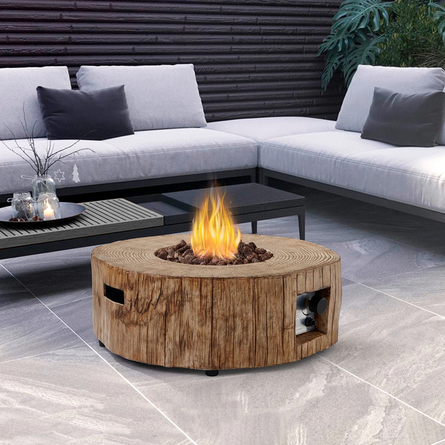 Round Outdoor Gas Fire Bowl Rustic Wood Effect 3 Round Outdoor Gas Fire Bowl Rustic Wood Effect