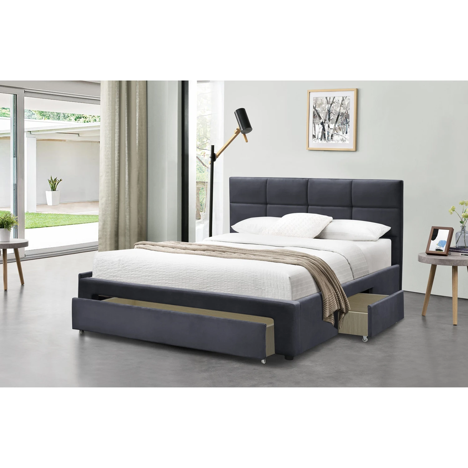 Julian King Bed Frame With Pull-out Storage Drawers Dark Grey Velvet 3 Julian King Bed Frame With Pull-out Storage Drawers Dark Grey Velvet