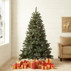 Snow Tipped Frosted Artificial Pines & Berries Christmas Tree With Pre-lit Multi-colour LED Lights (5ft To 8ft) 9 Snow Tipped Frosted Artificial Pines & Berries Christmas Tree With Pre-lit Multi-colour LED Lights (5ft To 8ft) -FINZ Furniture Shop XMSTR 2 FROGRNCLED 2