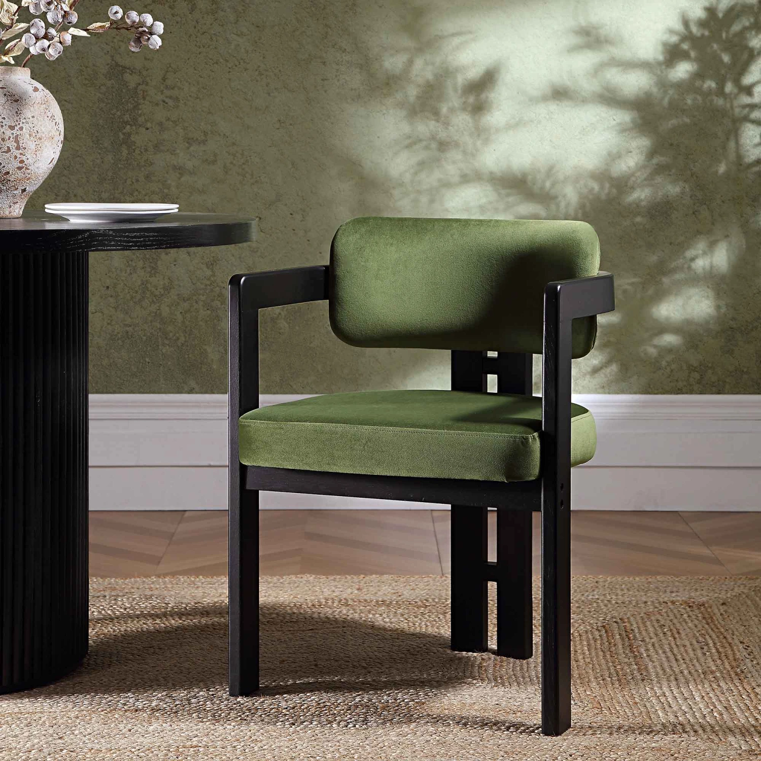 Stanford Curved Oak Frame Upholstered Chair, Moss Green Velvet Black Frame 3 Stanford Curved Oak Frame Upholstered Chair, Moss Green Velvet Black Frame