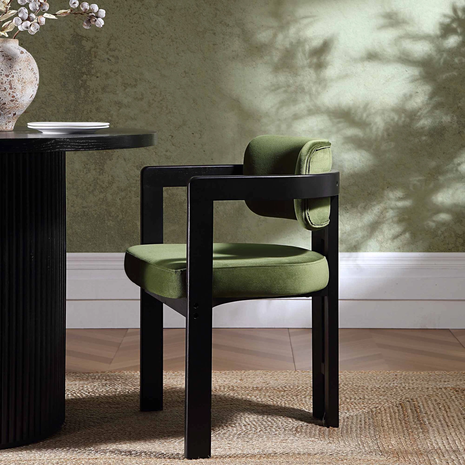 Stanford Curved Oak Frame Upholstered Chair, Moss Green Velvet Black Frame 4 Stanford Curved Oak Frame Upholstered Chair, Moss Green Velvet Black Frame - Image 2