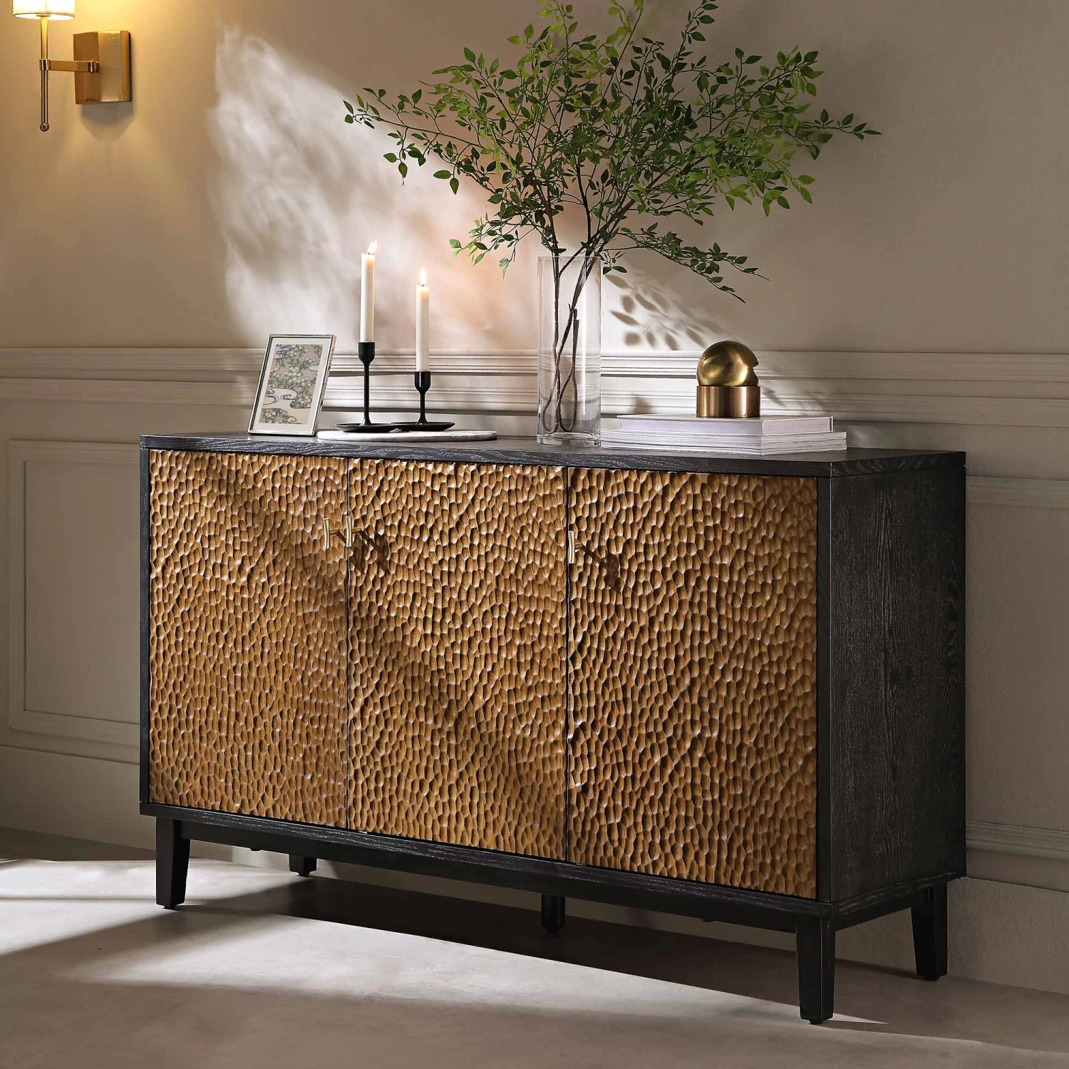 Bianca Chip Carved 3 Door Sideboard, Antique Bronze & Black 3 Bianca Chip Carved 3 Door Sideboard, Antique Bronze & Black