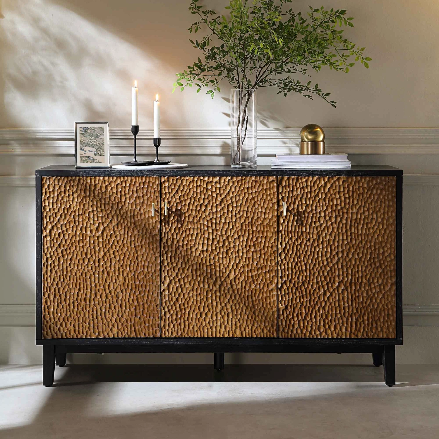 Bianca Chip Carved 3 Door Sideboard, Antique Bronze & Black 4 Bianca Chip Carved 3 Door Sideboard, Antique Bronze & Black - Image 2