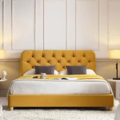 Leamington Deep-Buttoned Upholstered Bed, Turmeric Yellow Velvet -FINZ Furniture Shop ZX 1063 MUST VEL scene1
