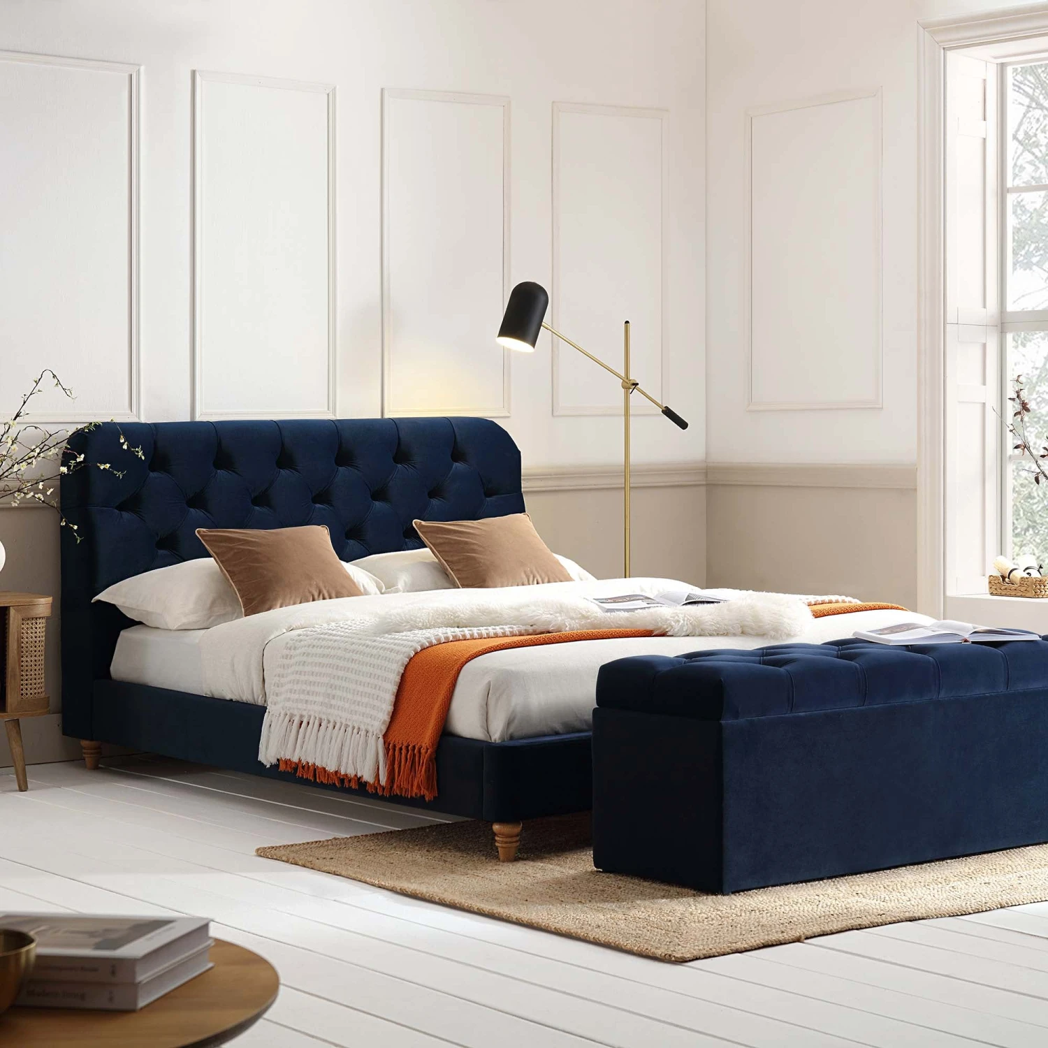 Leamington Deep-Buttoned Upholstered Bed, Midnight Blue Velvet 3 Leamington Deep-Buttoned Upholstered Bed, Midnight Blue Velvet