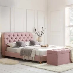 Leamington Deep-Buttoned Upholstered Bed, Rosewater Pink Fabric