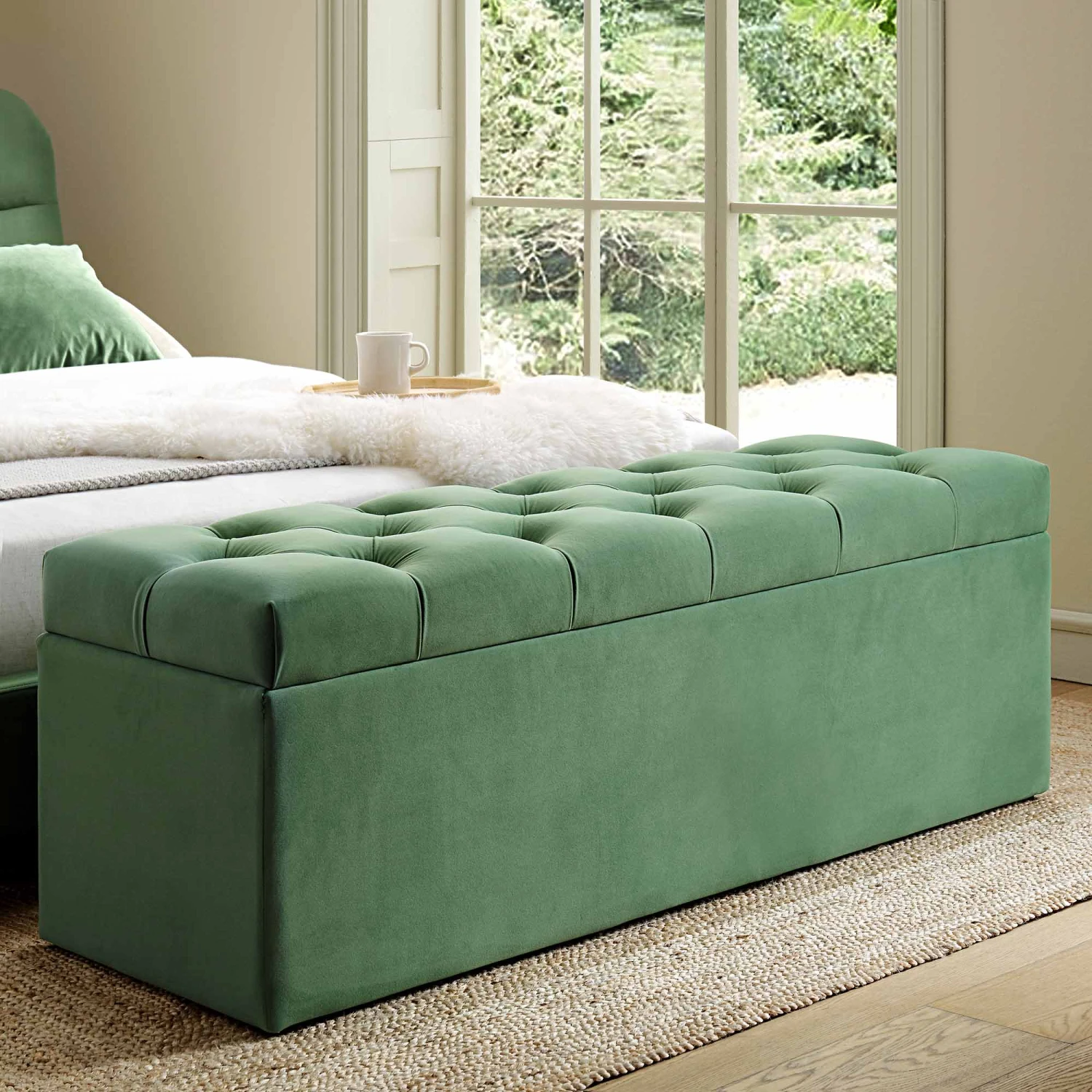 Leamington Deep-Buttoned Ottoman Storage Bench, Meadow Green Velvet 3 Leamington Deep-Buttoned Ottoman Storage Bench, Meadow Green Velvet