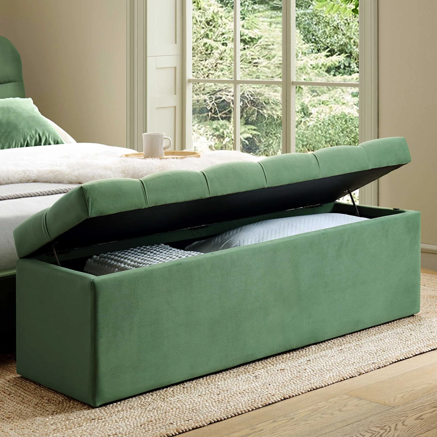 Leamington Deep-Buttoned Ottoman Storage Bench, Meadow Green Velvet 4 Leamington Deep-Buttoned Ottoman Storage Bench, Meadow Green Velvet - Image 2