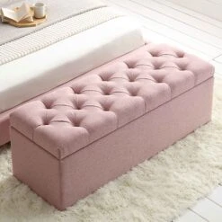 Leamington Deep-Buttoned Ottoman Storage Bench, Rosewater Pink Fabric -FINZ Furniture Shop ZX 2183 PALEPINK FAB scene1