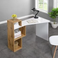 Mason White High Gloss Desk With Oak Effect Shelves