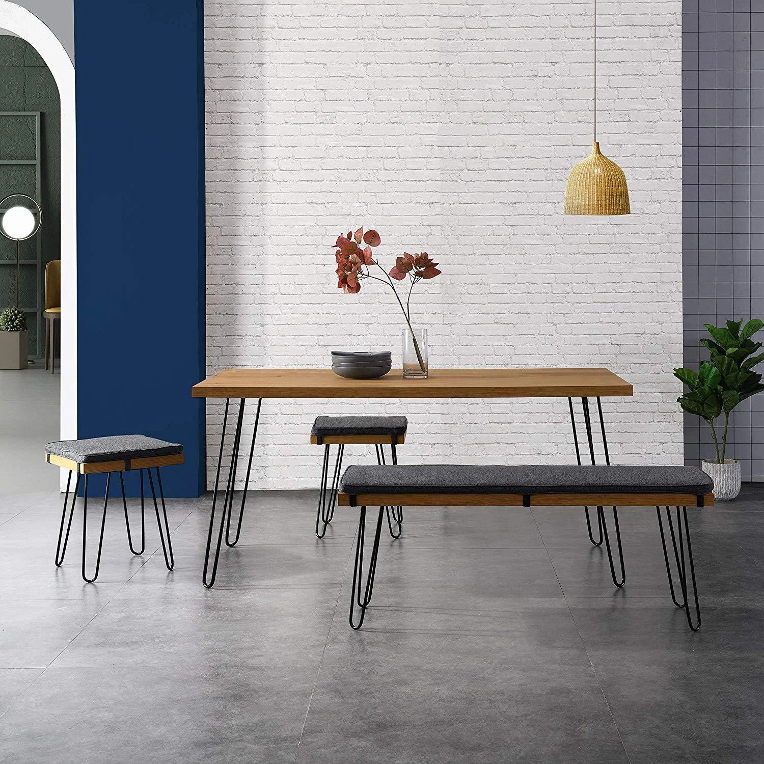 MEILEN Oak Dining Table Set With 2 Stools And 1 Dining Bench 3 MEILEN Oak Dining Table Set With 2 Stools And 1 Dining Bench