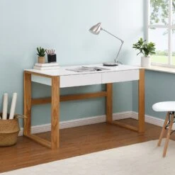 Heather Solid Oak And Matt White Large 2 Drawer Desk